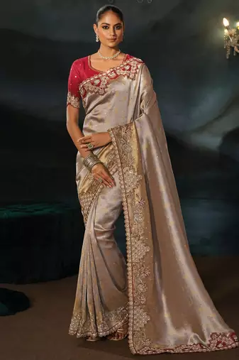 silver tanchoi silk blend zari, thread, moti with cut-dana moti heavy hand work saree with blouse
