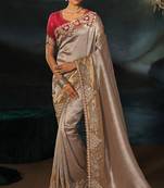 silver tanchoi silk blend zari, thread, moti with cut-dana moti heavy hand work saree with blouse