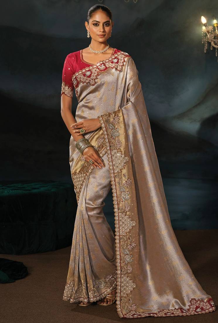 silver tanchoi silk blend zari, thread, moti with cut-dana moti heavy hand work saree with blouse