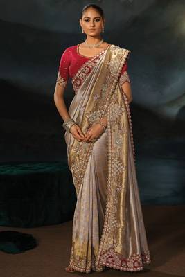 silver tanchoi silk blend zari, thread, moti with cut-dana moti heavy hand work saree with blouse 2