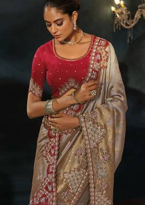 silver tanchoi silk blend zari, thread, moti with cut-dana moti heavy hand work saree with blouse 3