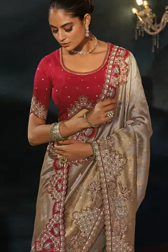 silver tanchoi silk blend zari, thread, moti with cut-dana moti heavy hand work saree with blouse