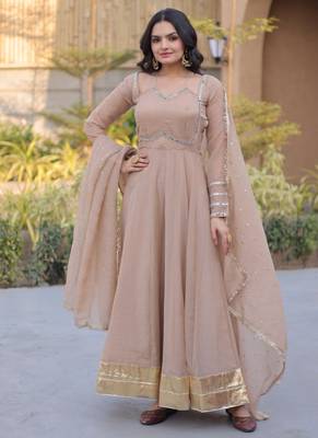 Beige mirror lace work crunchy silk gown with dupatta 3