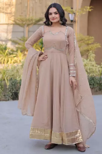 Beige mirror lace work crunchy silk gown with dupatta