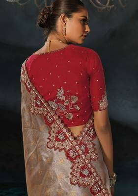 silver tanchoi silk blend zari, thread, moti with cut-dana moti heavy hand work saree with blouse 4