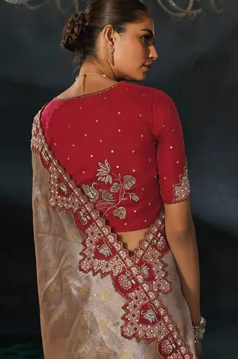 silver tanchoi silk blend zari, thread, moti with cut-dana moti heavy hand work saree with blouse