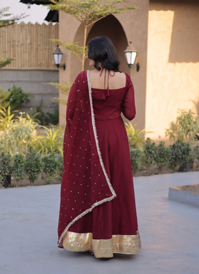 Maroon mirror lace work crunchy silk gown with dupatta 3