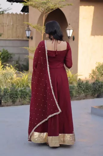 Maroon mirror lace work crunchy silk gown with dupatta
