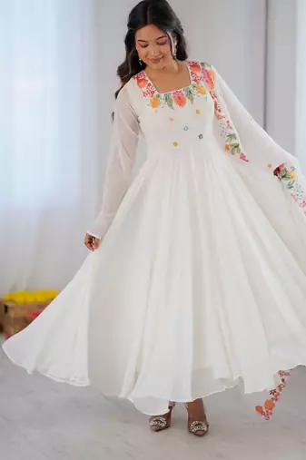 White embroidery work georgette anarkali set
