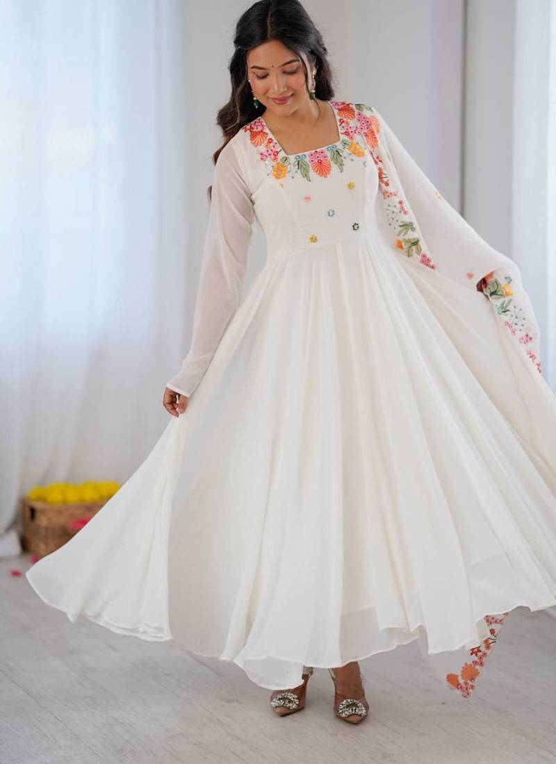 White embroidery work georgette anarkali set