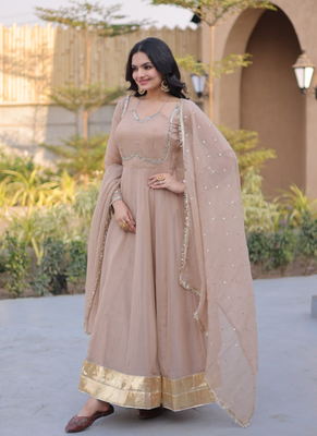 Beige mirror lace work crunchy silk gown with dupatta 4
