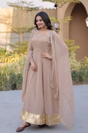 Beige mirror lace work crunchy silk gown with dupatta