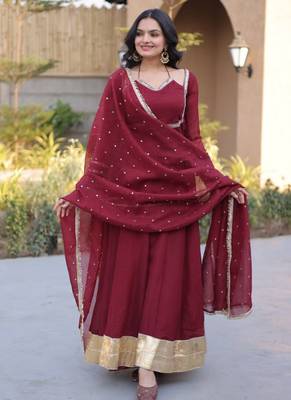 Maroon mirror lace work crunchy silk gown with dupatta 4