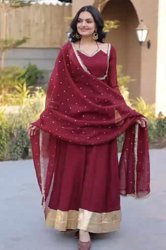 Maroon mirror lace work crunchy silk gown with dupatta