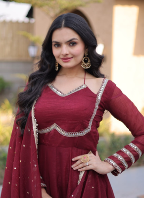 Maroon mirror lace work crunchy silk gown with dupatta 5