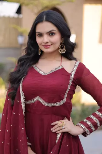 Maroon mirror lace work crunchy silk gown with dupatta
