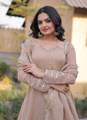 Beige mirror lace work crunchy silk gown with dupatta 5