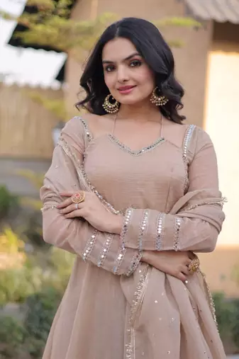 Beige mirror lace work crunchy silk gown with dupatta