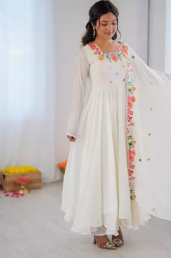 White embroidery work georgette anarkali set