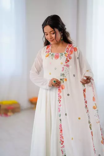 White embroidery work georgette anarkali set