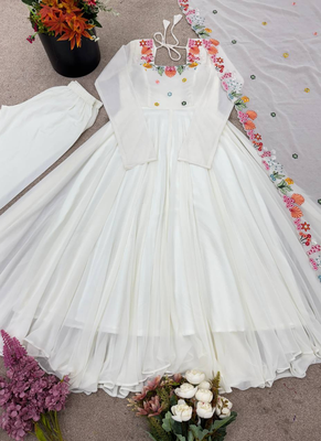 White embroidery work georgette anarkali set 5