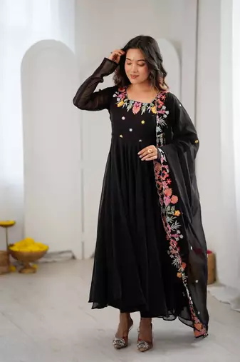 Black embroidery work georgette anarkali set