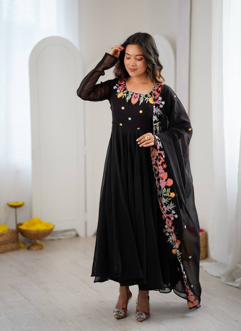Black embroidery work georgette anarkali set