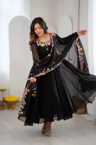 Black embroidery work georgette anarkali set
