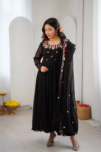Black embroidery work georgette anarkali set