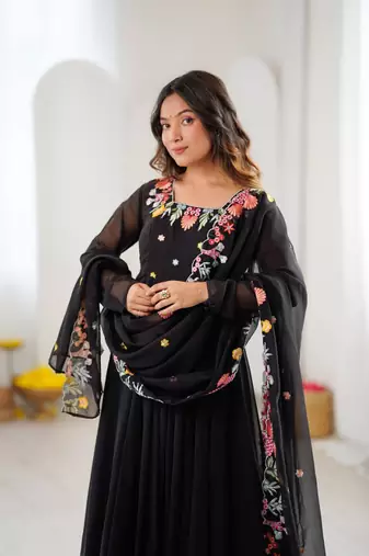 Black embroidery work georgette anarkali set