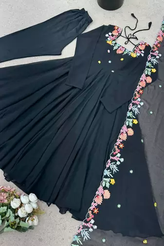 Black embroidery work georgette anarkali set