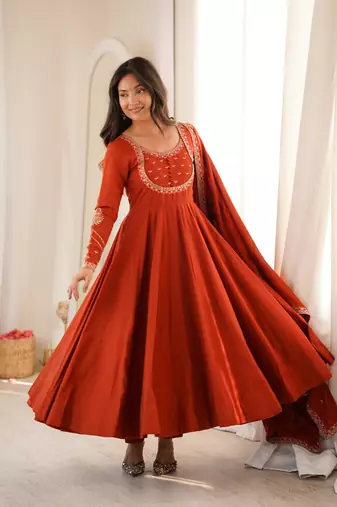 Rust orange thread & zari work chanderi anarkali set