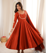 Rust orange thread & zari work chanderi anarkali set