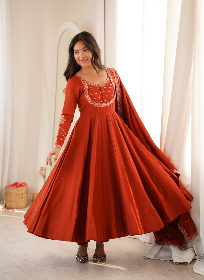 Rust orange thread & zari work chanderi anarkali set