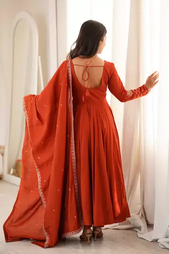 Rust orange thread & zari work chanderi anarkali set