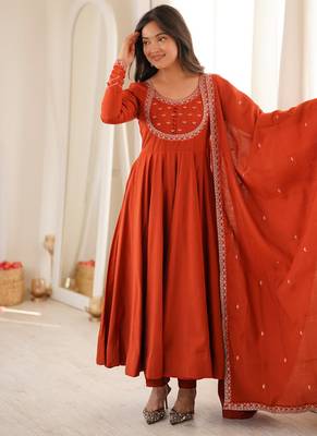 Rust orange thread & zari work chanderi anarkali set 3