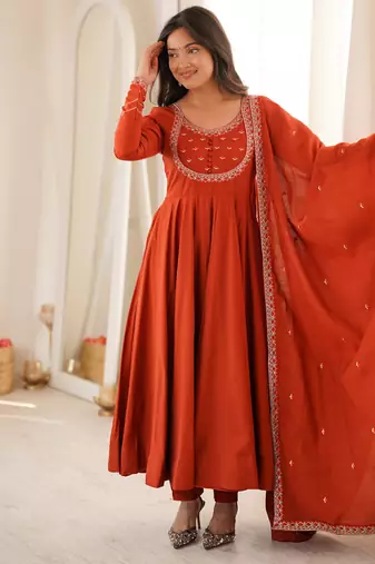Rust orange thread & zari work chanderi anarkali set