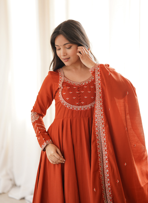 Rust orange thread & zari work chanderi anarkali set 4