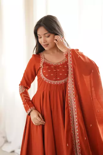 Rust orange thread & zari work chanderi anarkali set