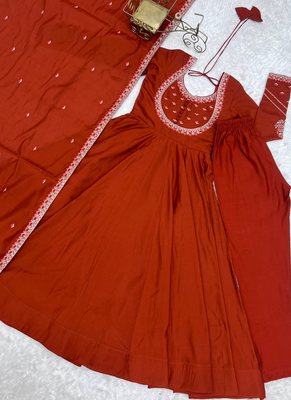 Rust orange thread & zari work chanderi anarkali set 5
