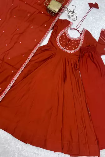 Rust orange thread & zari work chanderi anarkali set