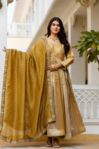 Antique gold heavy embroidery work banarasi silk gown with dupatta