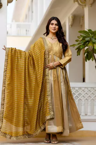 Antique gold heavy embroidery work banarasi silk gown with dupatta