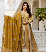 Antique gold heavy embroidery work banarasi silk gown with dupatta