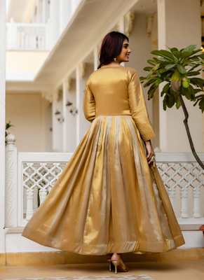 Antique gold heavy embroidery work banarasi silk gown with dupatta 2