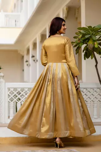 Antique gold heavy embroidery work banarasi silk gown with dupatta
