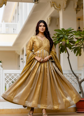 Antique gold heavy embroidery work banarasi silk gown with dupatta 3