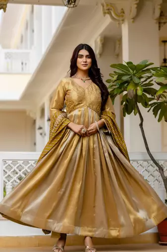 Antique gold heavy embroidery work banarasi silk gown with dupatta