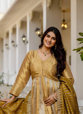 Antique gold heavy embroidery work banarasi silk gown with dupatta 4