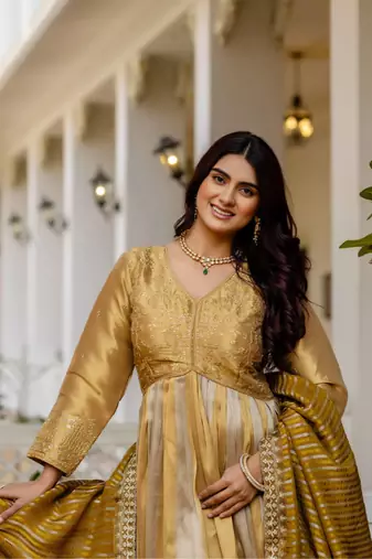 Antique gold heavy embroidery work banarasi silk gown with dupatta